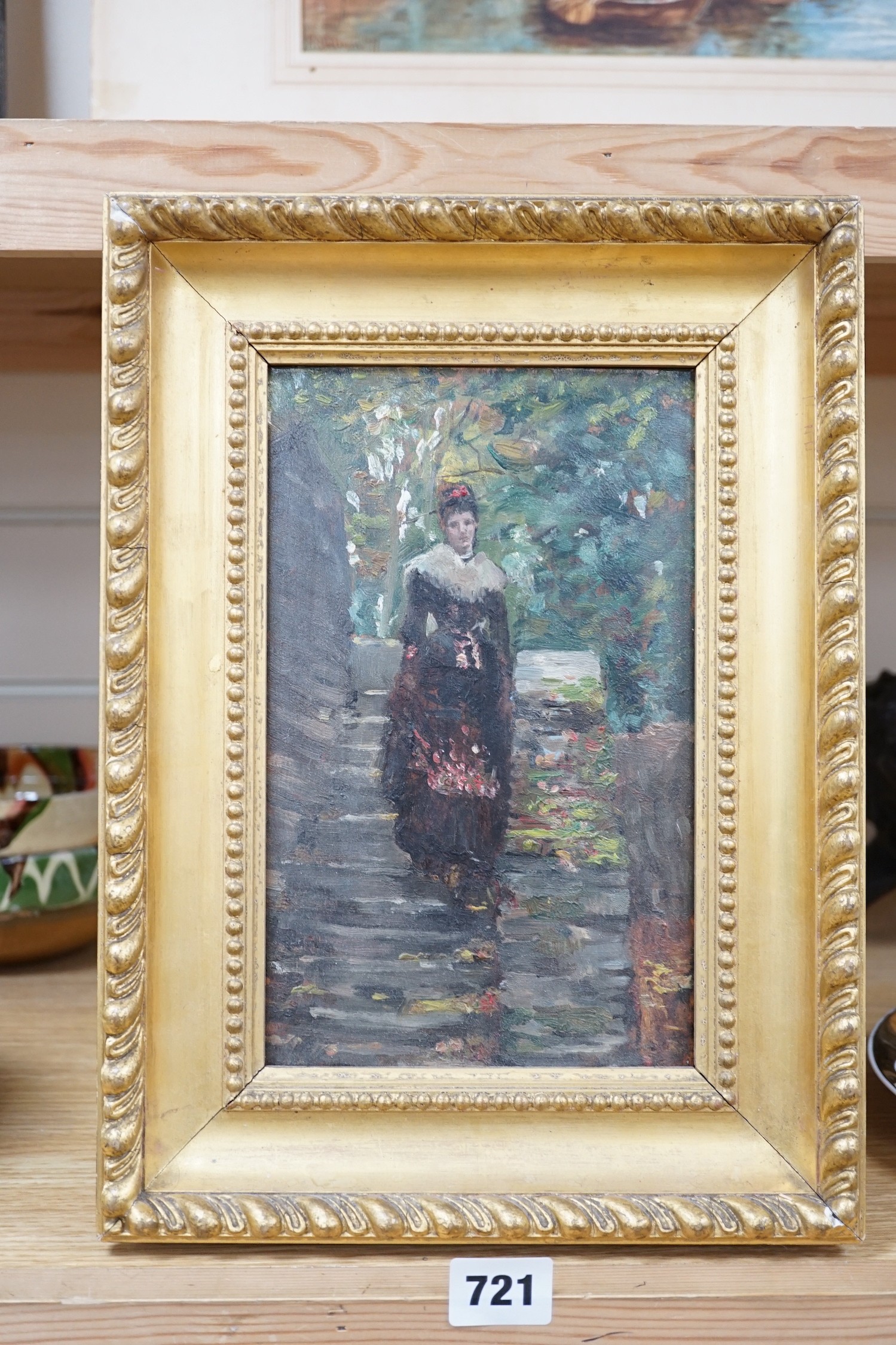 English School, c.1900, oil on board, Sketch of a woman upon steps, 23 x 14cm